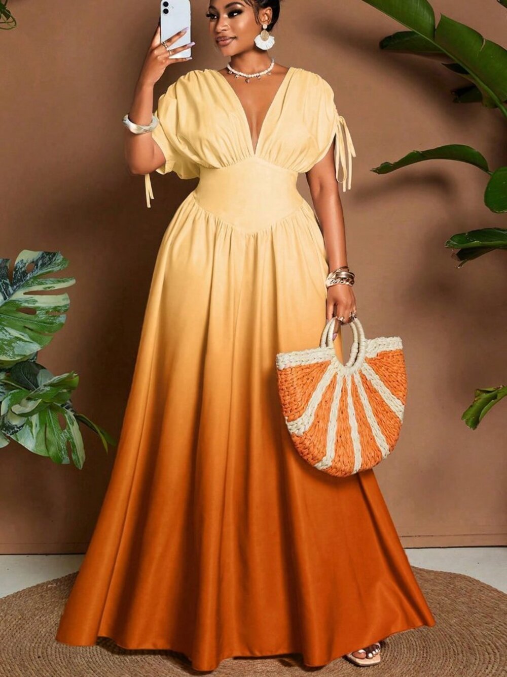 Multicolor Plus-Size Women's Ombre V-Neck A-Line Maxi Dress - Picture 1 of 7